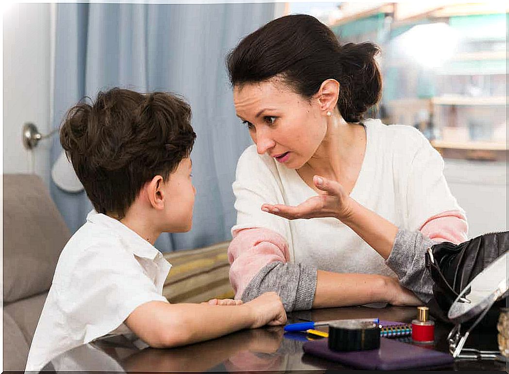 A mother explaining something to her young son.