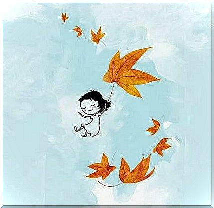 Girl flies with leaves